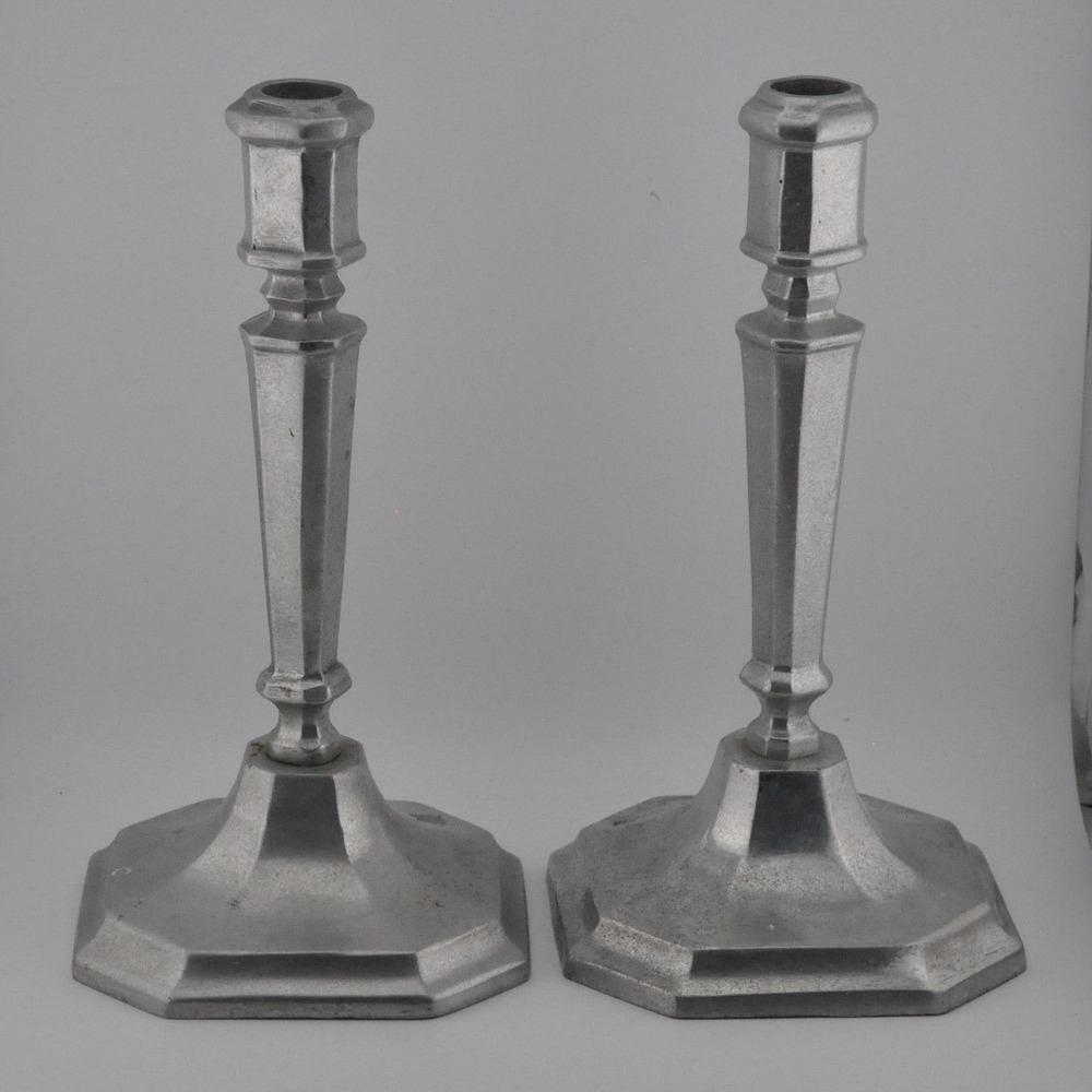 Candlestick‎ Holders 9in Silvertone/Pewtertone Octagonal Base Metal Set of 2